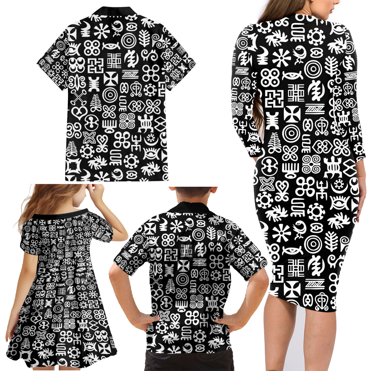 Mix Adinkra Family Matching Long Sleeve Bodycon Dress and Hawaiian Shirt Black Pattern - Wonder Print Shop