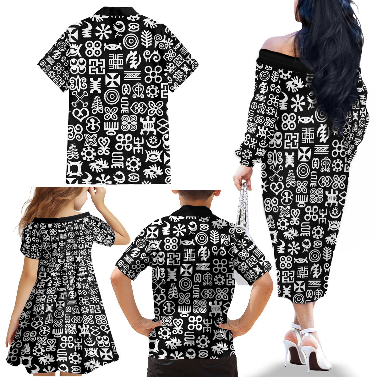 Mix Adinkra Family Matching Off The Shoulder Long Sleeve Dress and Hawaiian Shirt Black Pattern - Wonder Print Shop