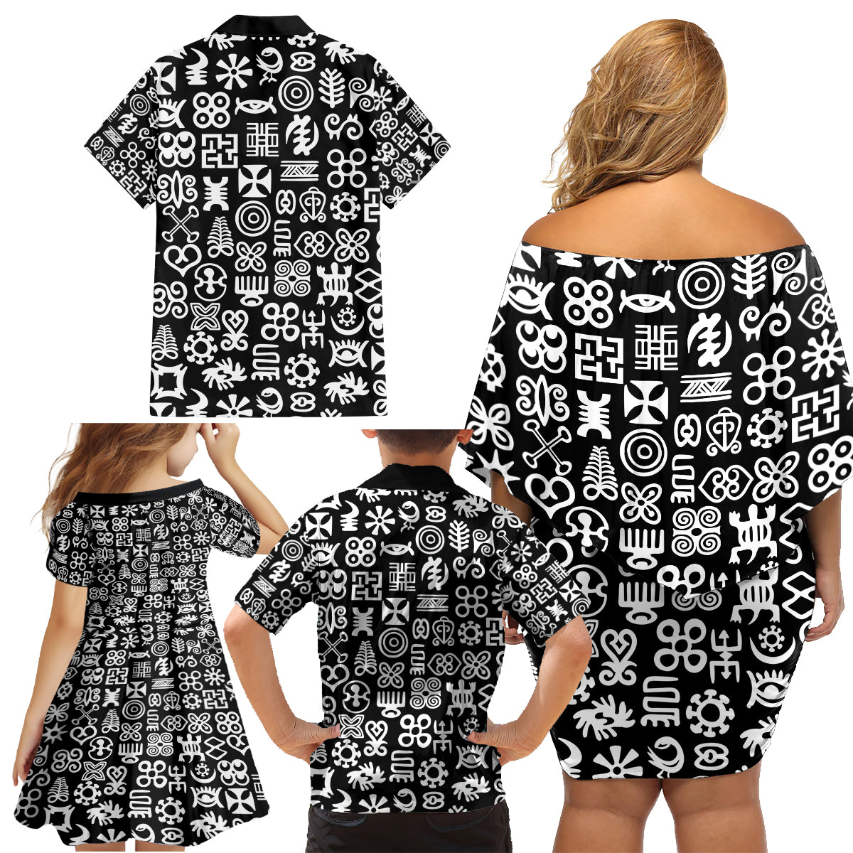 Mix Adinkra Family Matching Off Shoulder Short Dress and Hawaiian Shirt Black Pattern - Wonder Print Shop