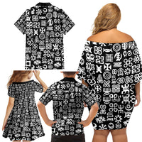 Mix Adinkra Family Matching Off Shoulder Short Dress and Hawaiian Shirt Black Pattern - Wonder Print Shop