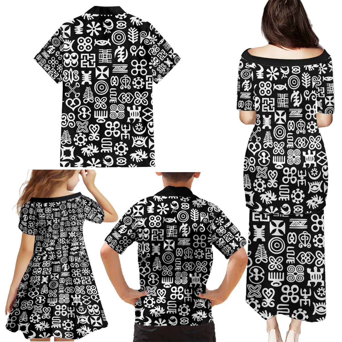 Mix Adinkra Family Matching Puletasi and Hawaiian Shirt Black Pattern - Wonder Print Shop