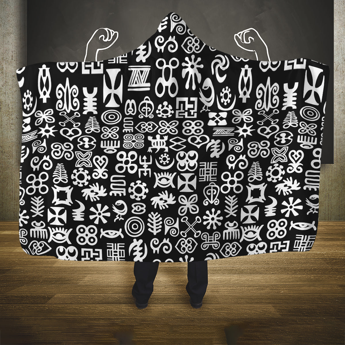 Mix Adinkra Hooded Blanket Black Pattern
