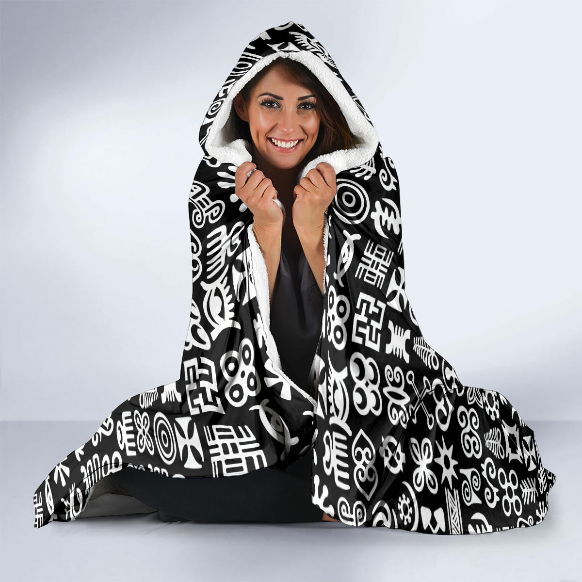 Mix Adinkra Hooded Blanket Black Pattern