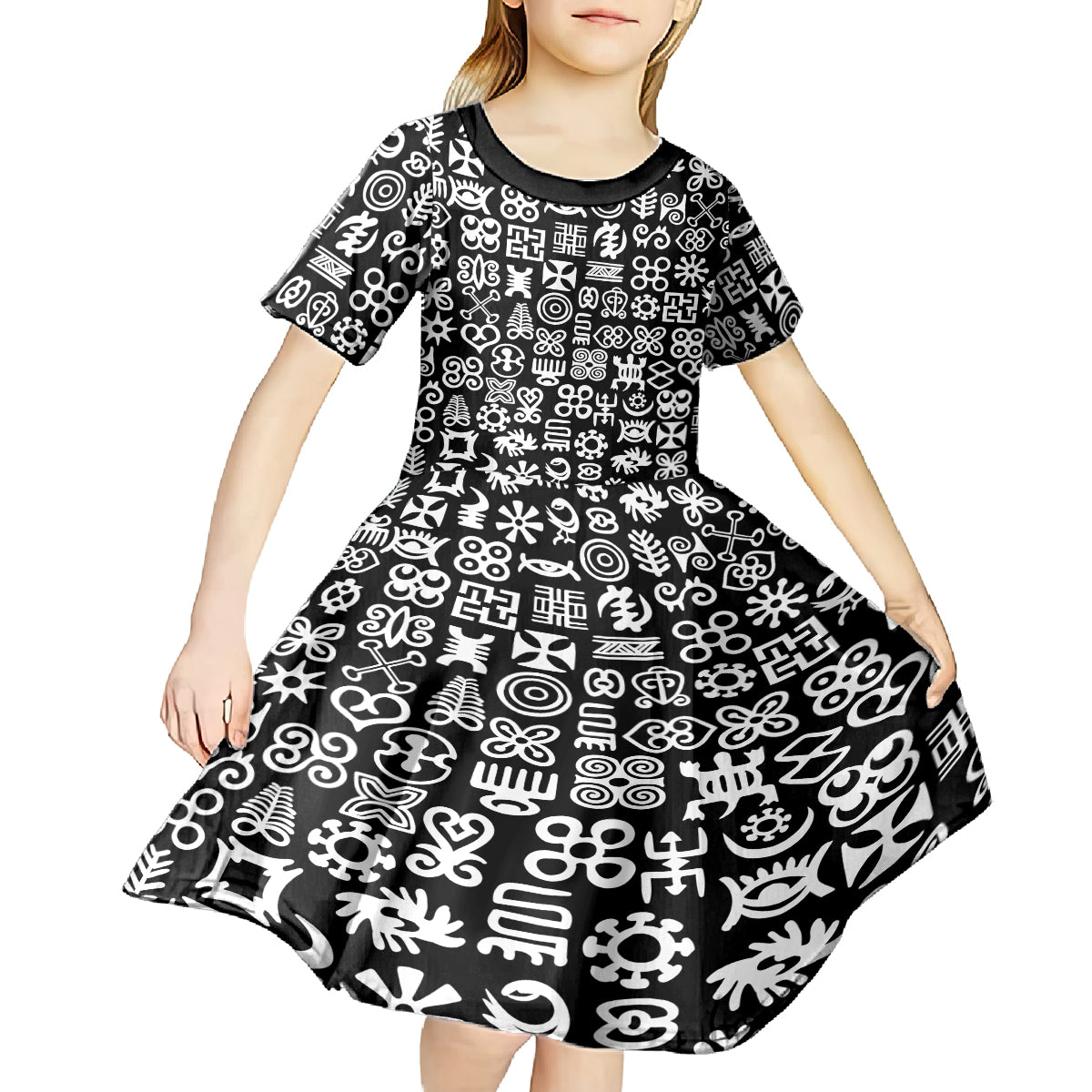 Mix Adinkra Kid Short Sleeve Dress Black Pattern - Wonder Print Shop