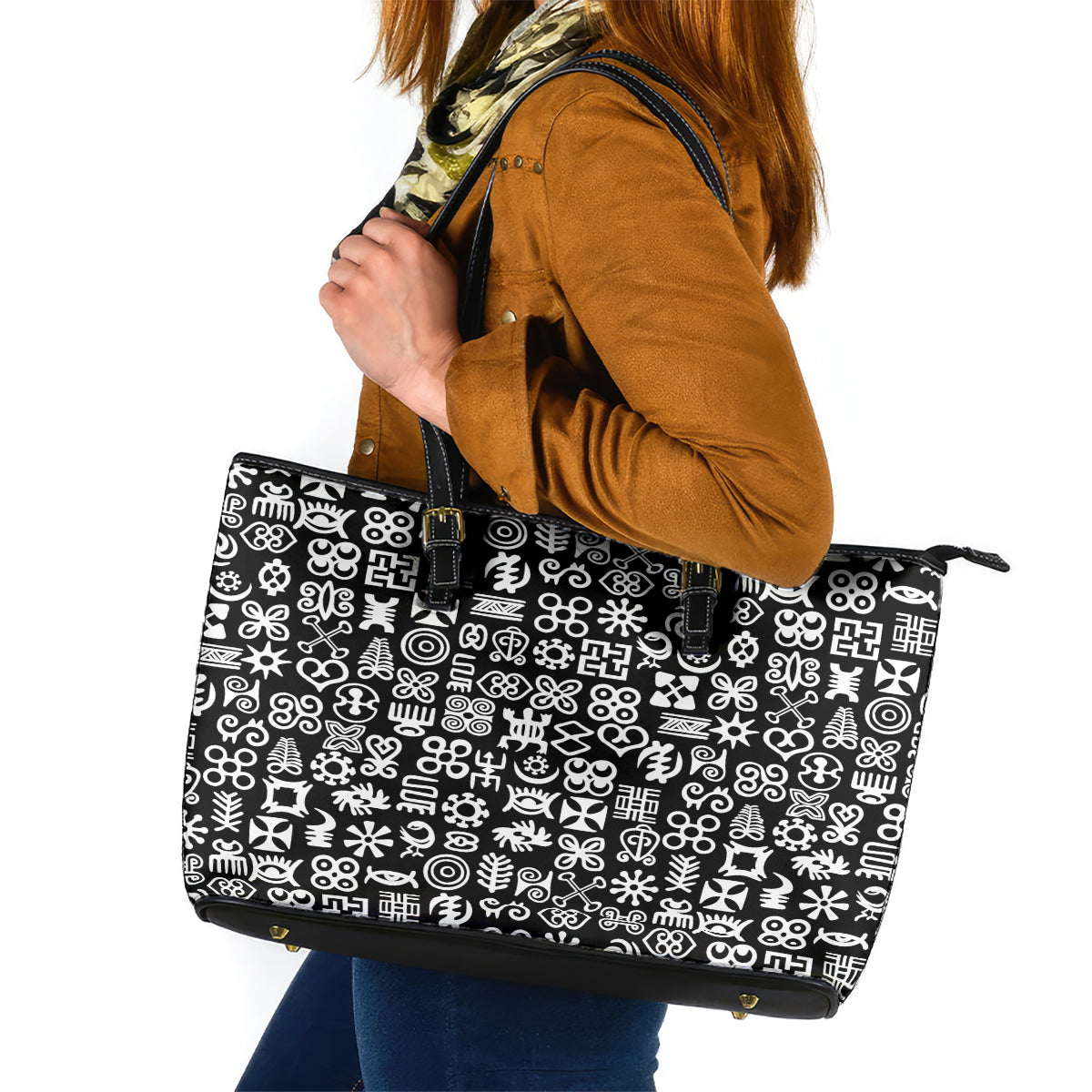 Mix Adinkra Leather Tote Bag Black Pattern - Wonder Print Shop