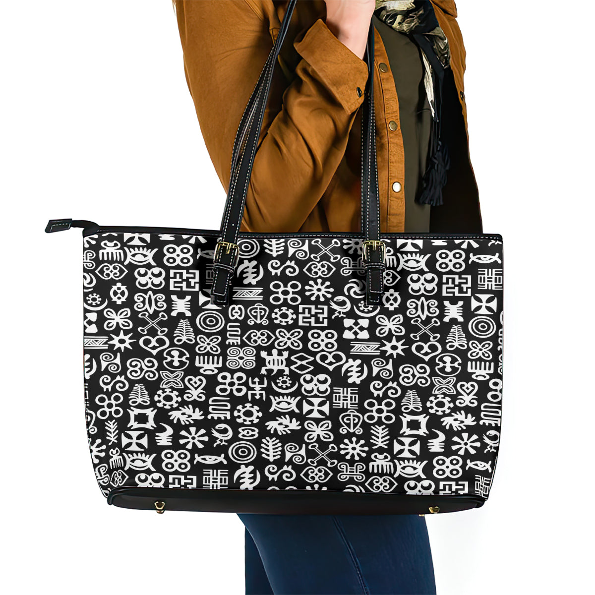 Mix Adinkra Leather Tote Bag Black Pattern - Wonder Print Shop