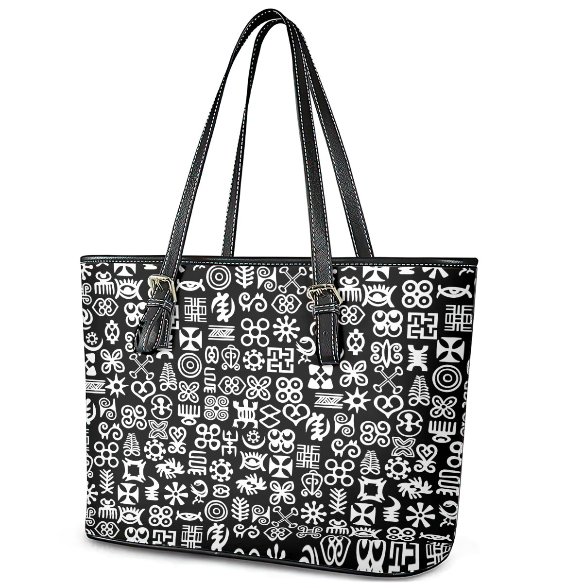 Mix Adinkra Leather Tote Bag Black Pattern - Wonder Print Shop