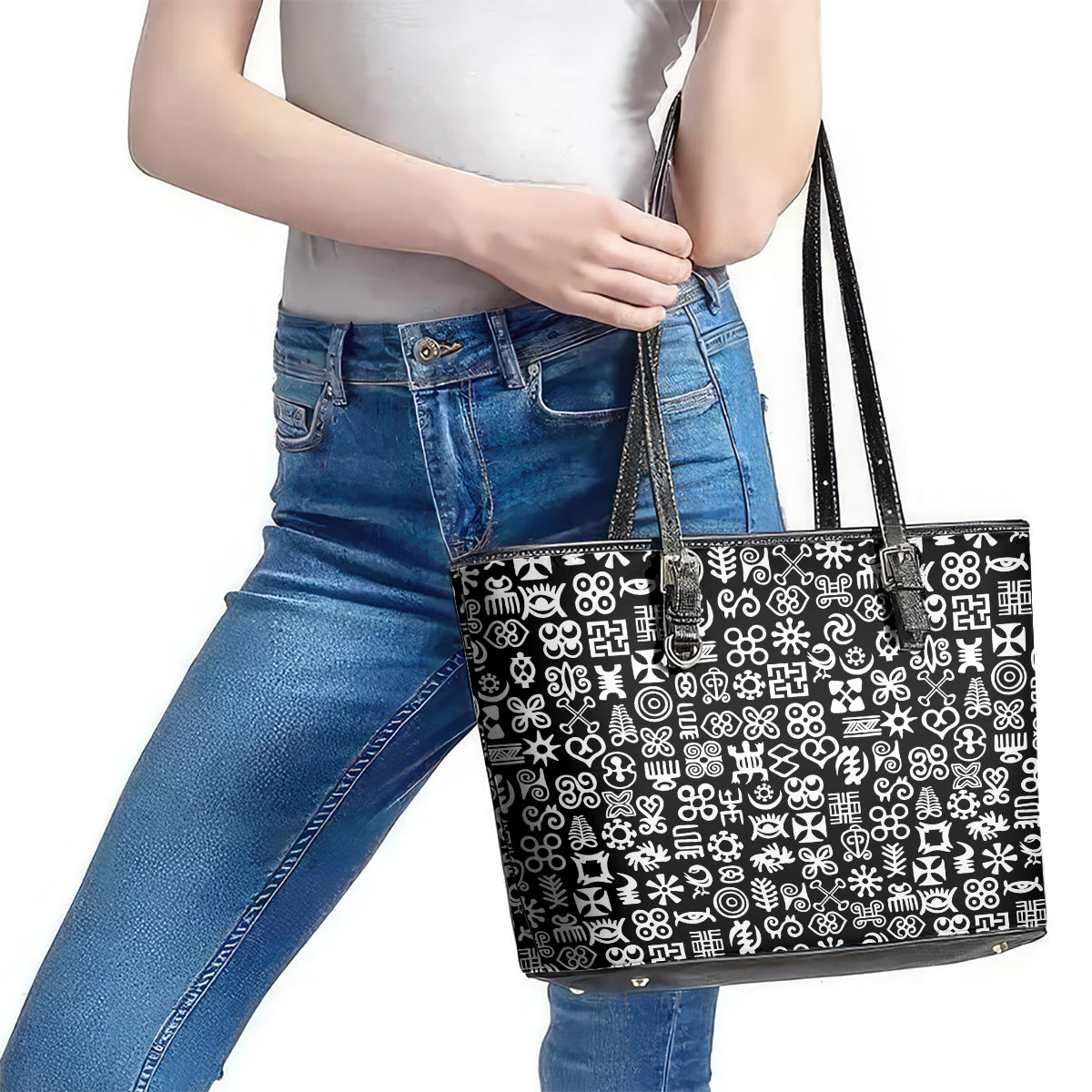 Mix Adinkra Leather Tote Bag Black Pattern - Wonder Print Shop