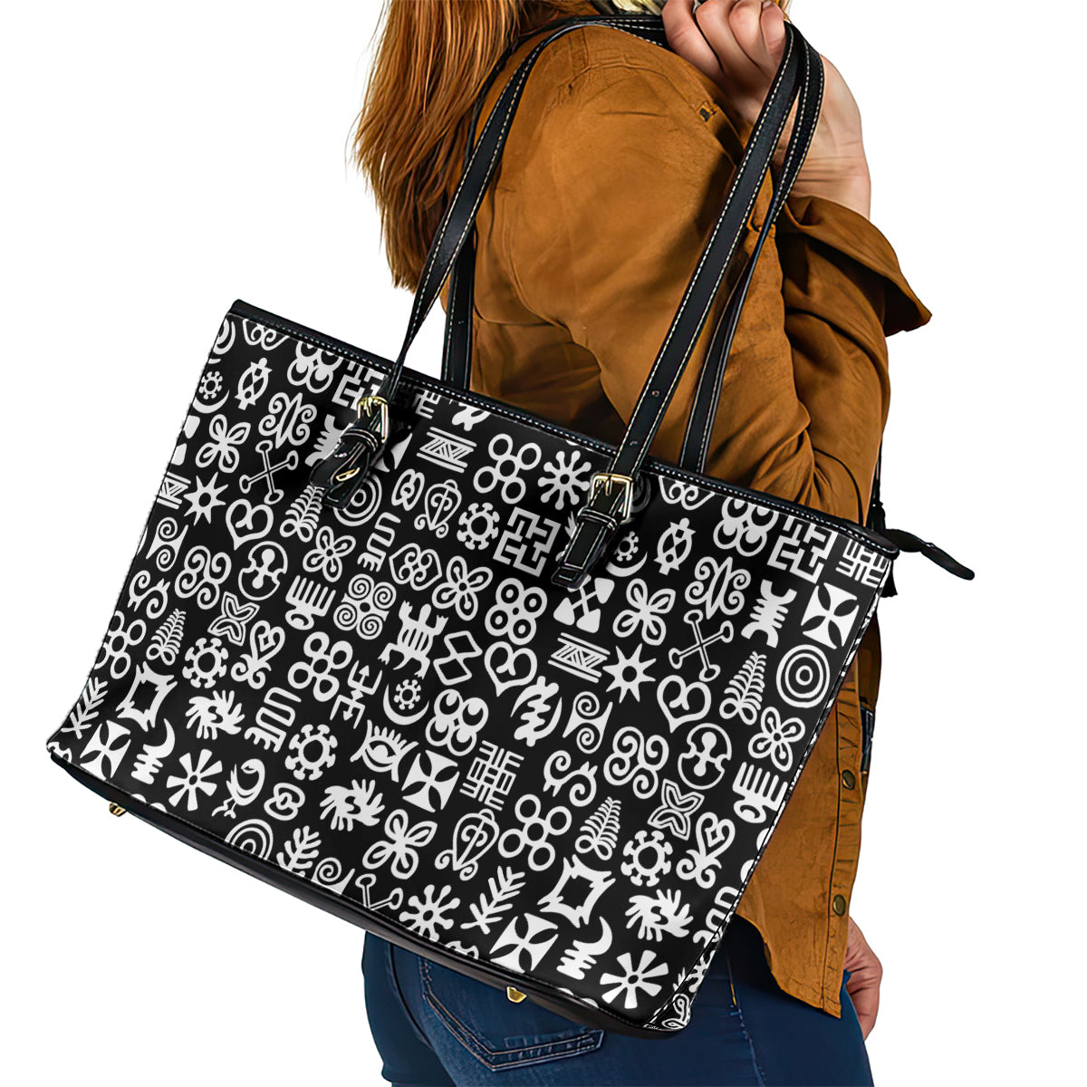 Mix Adinkra Leather Tote Bag Black Pattern - Wonder Print Shop
