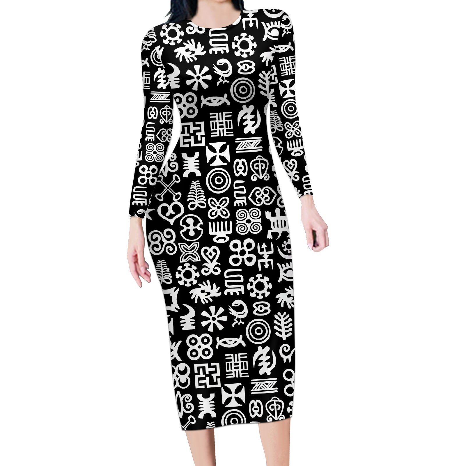 Mix Adinkra Long Sleeve Bodycon Dress Black Pattern - Wonder Print Shop