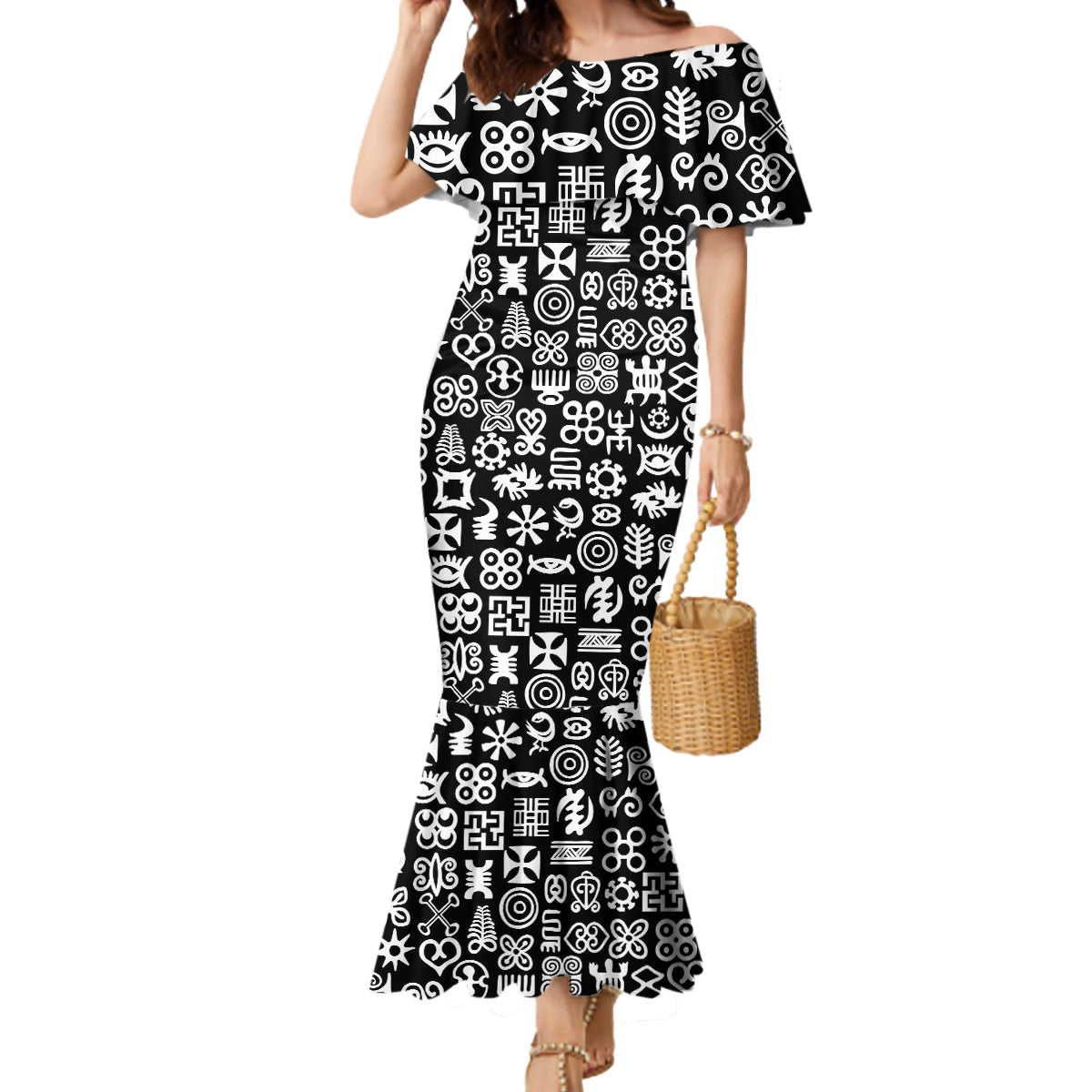 Mix Adinkra Mermaid Dress Black Pattern - Wonder Print Shop