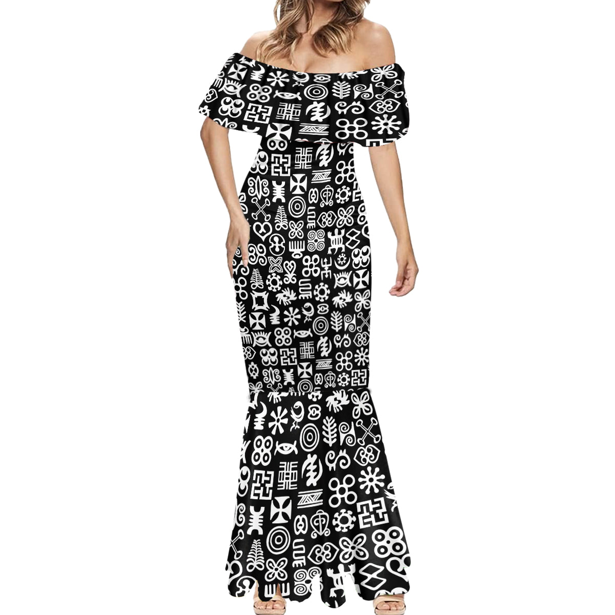 Mix Adinkra Mermaid Dress Black Pattern - Wonder Print Shop