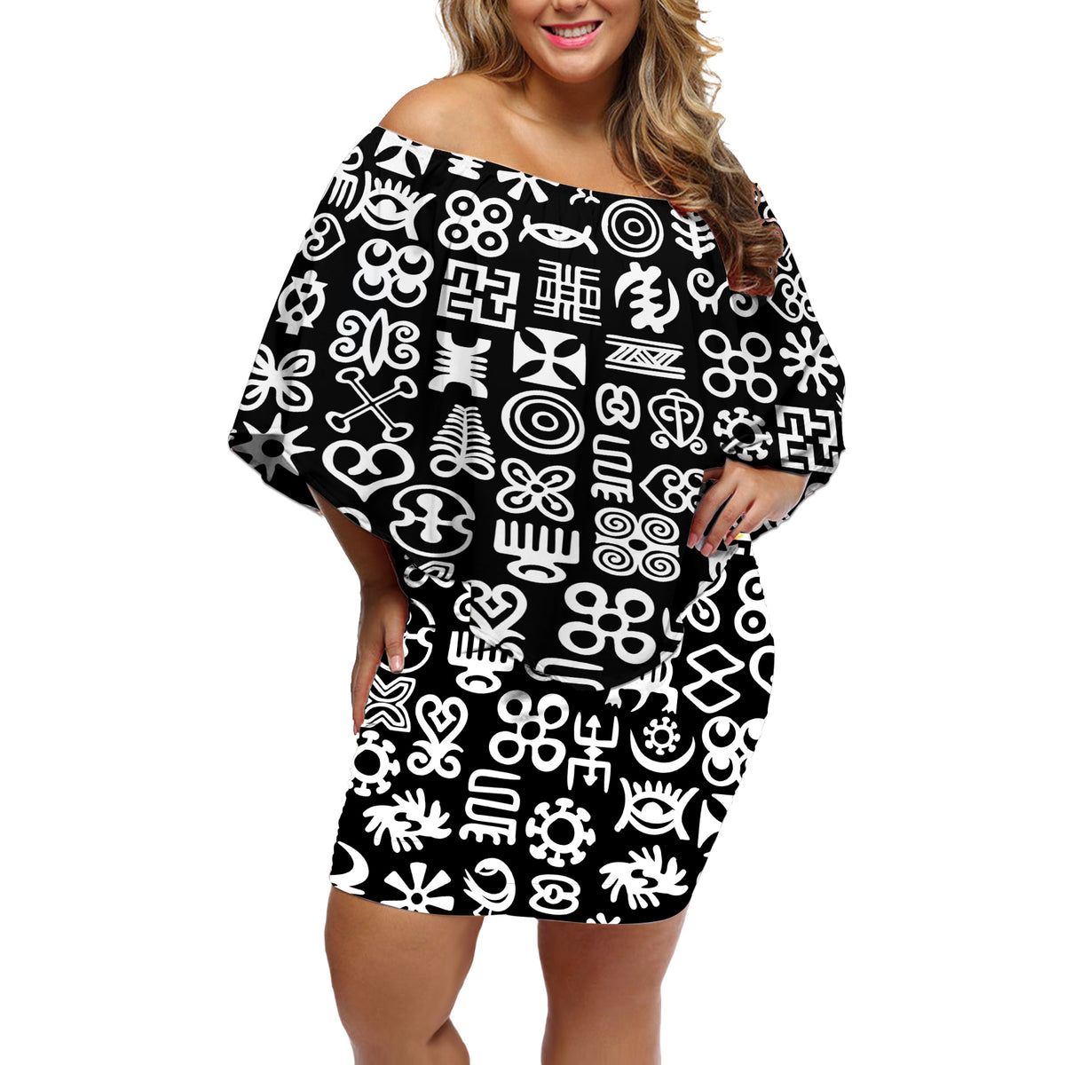 Mix Adinkra Off Shoulder Short Dress Black Pattern - Wonder Print Shop