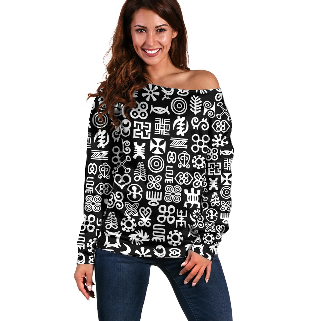 Mix Adinkra Off Shoulder Sweater Black Pattern - Wonder Print Shop