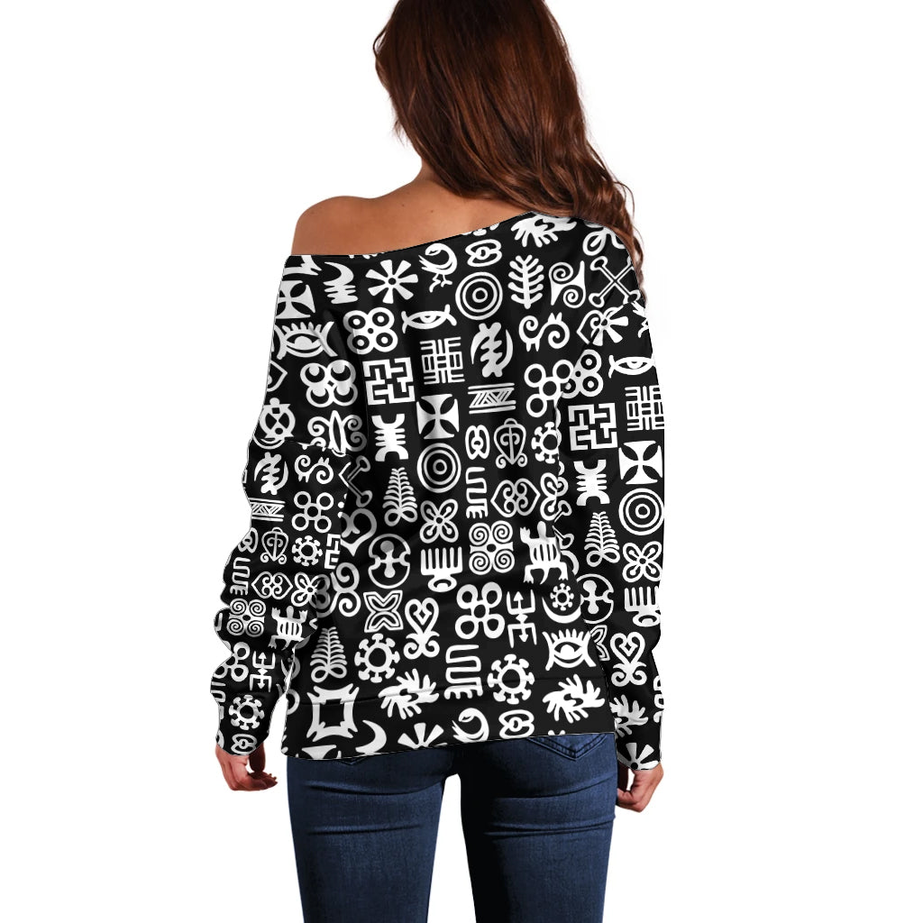 Mix Adinkra Off Shoulder Sweater Black Pattern - Wonder Print Shop