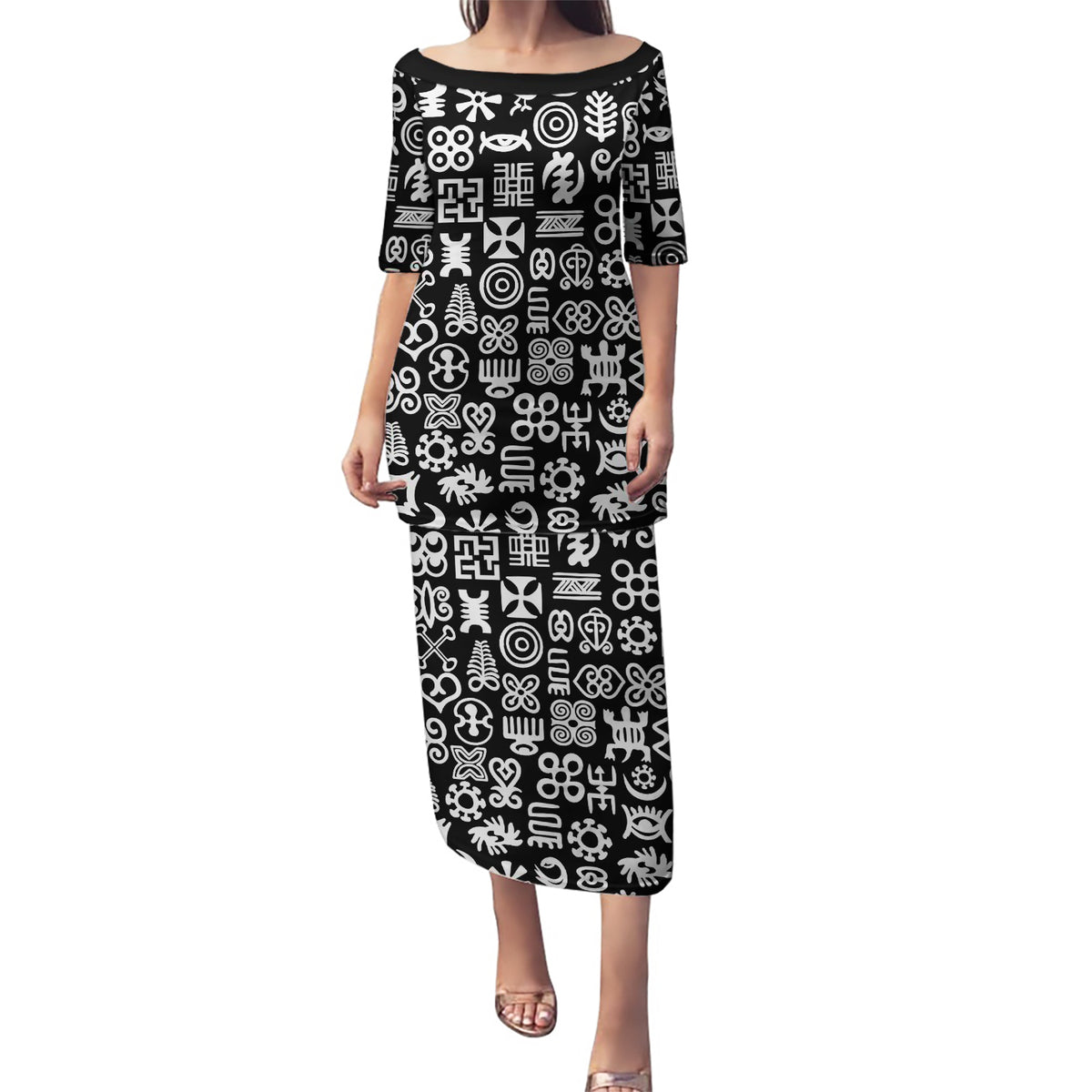 Mix Adinkra Puletasi Black Pattern - Wonder Print Shop