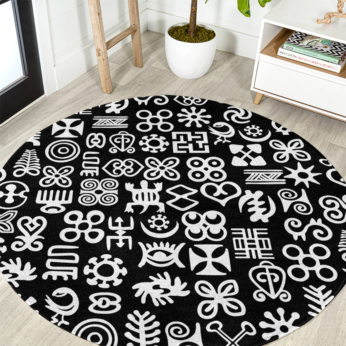 Mix Adinkra Round Carpet Black Pattern
