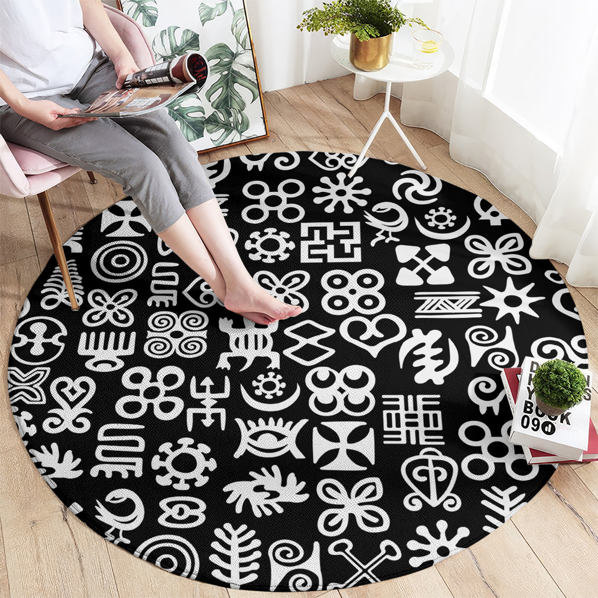 Mix Adinkra Round Carpet Black Pattern