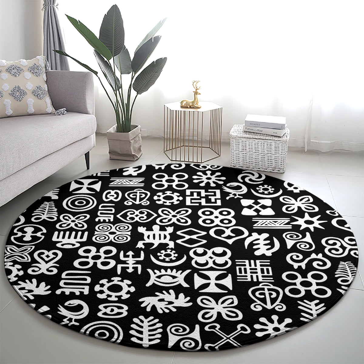 Mix Adinkra Round Carpet Black Pattern