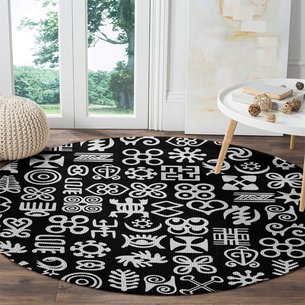Mix Adinkra Round Carpet Black Pattern