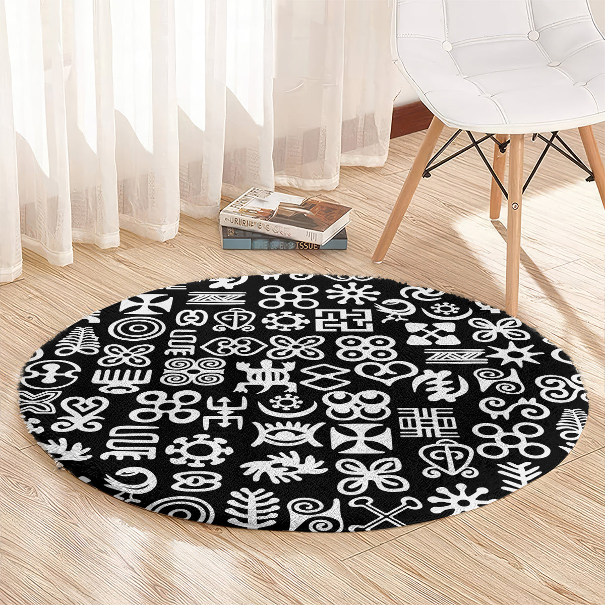 Mix Adinkra Round Carpet Black Pattern