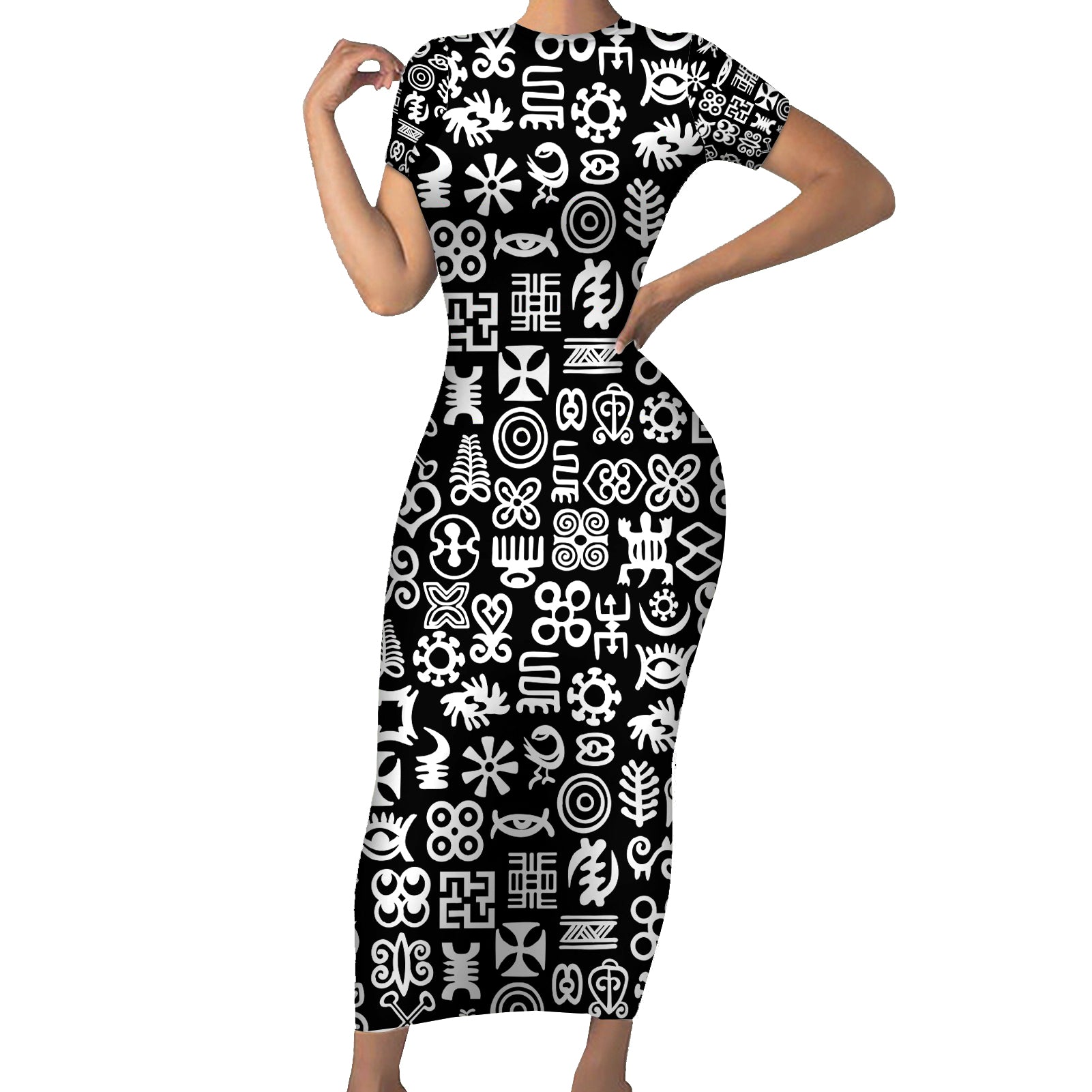 Mix Adinkra Short Sleeve Bodycon Dress Black Pattern - Wonder Print Shop