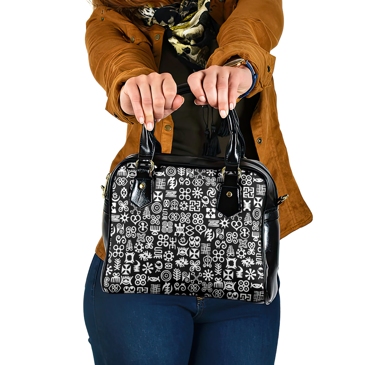 Mix Adinkra Shoulder Handbag Black Pattern