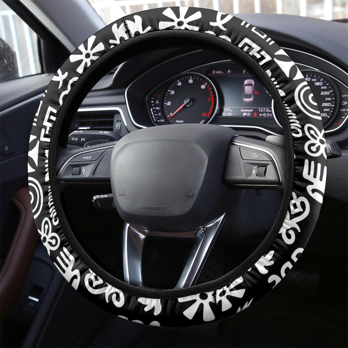 Mix Adinkra Steering Wheel Cover Black Pattern - Wonder Print Shop