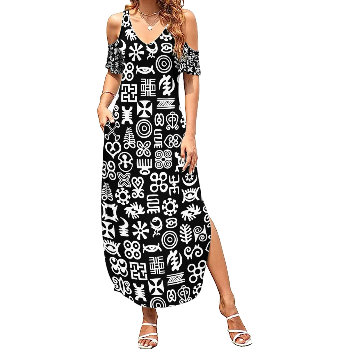 Mix Adinkra Summer Maxi Dress Black Pattern - Wonder Print Shop