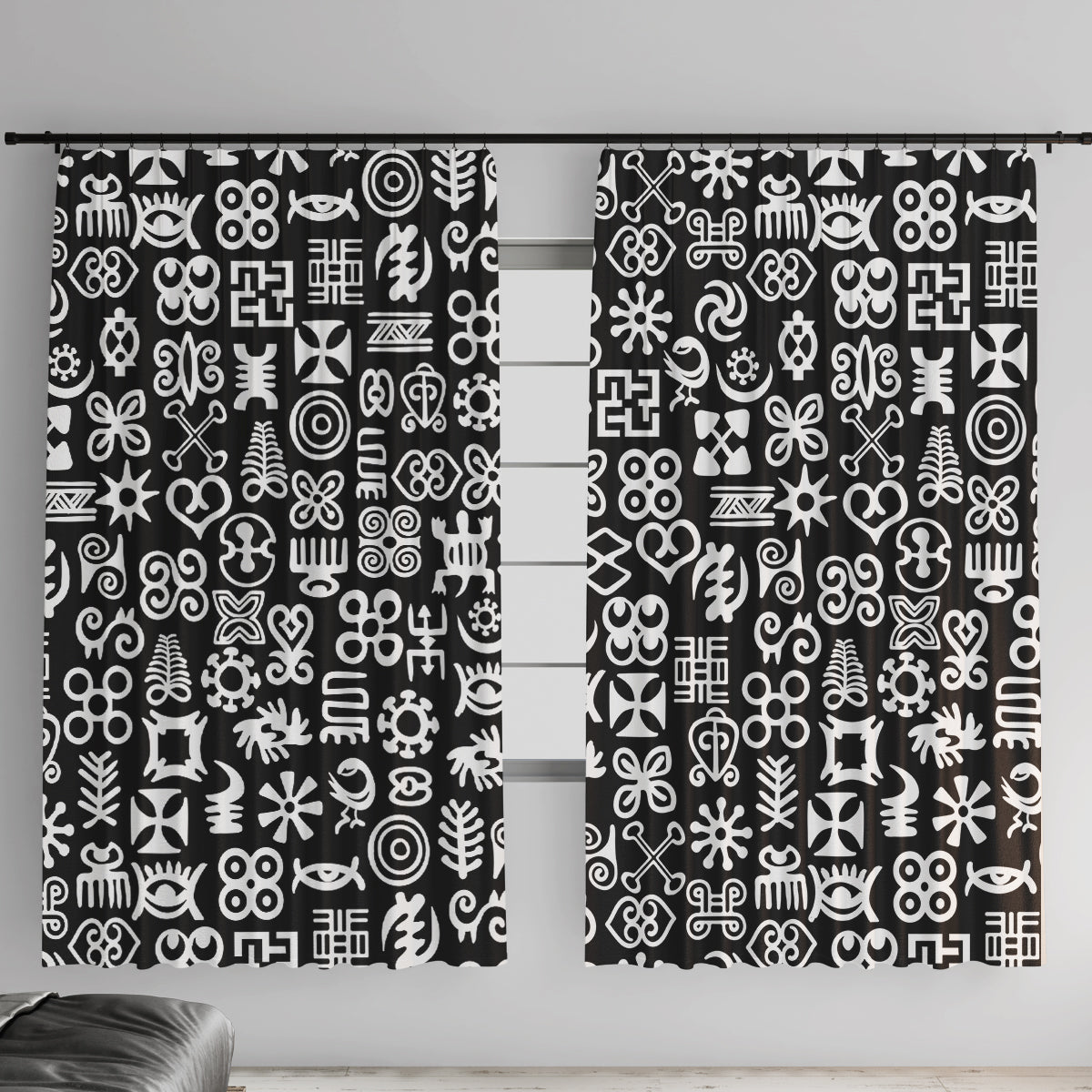 Mix Adinkra Window Curtain Black Pattern - Wonder Print Shop