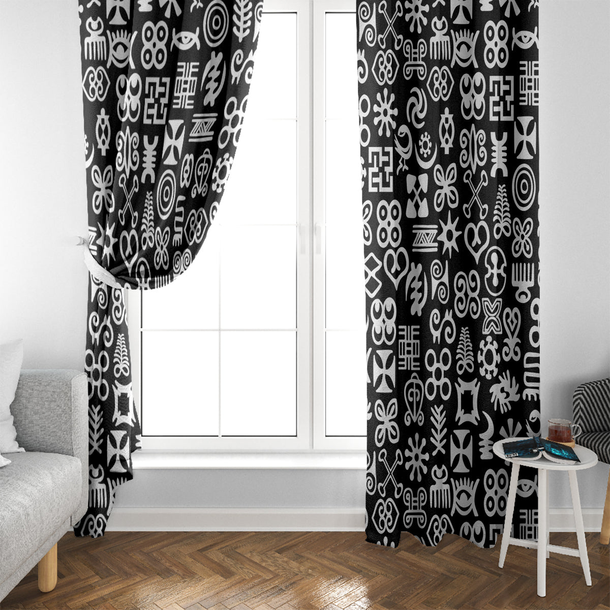 Mix Adinkra Window Curtain Black Pattern - Wonder Print Shop