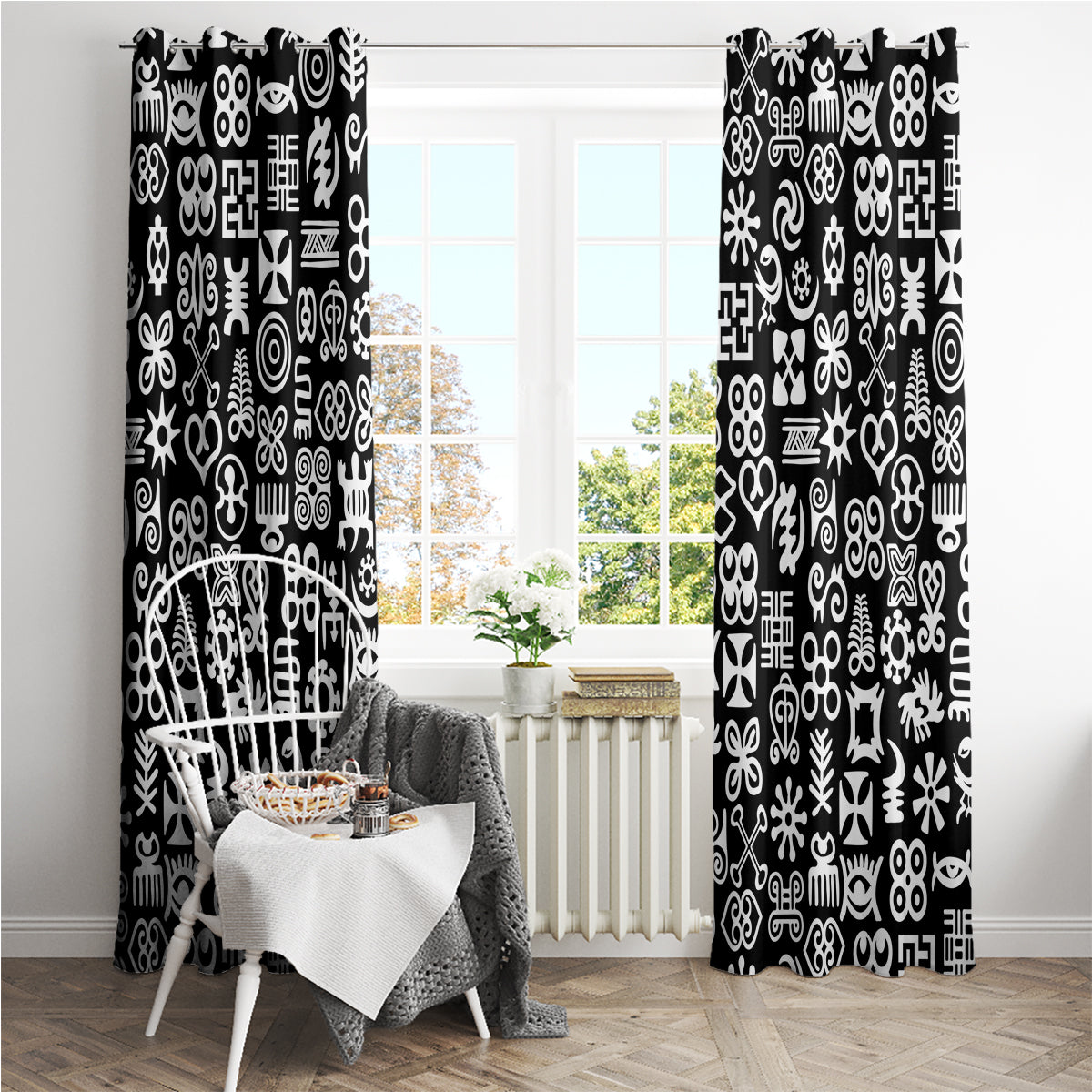 Mix Adinkra Window Curtain Black Pattern - Wonder Print Shop