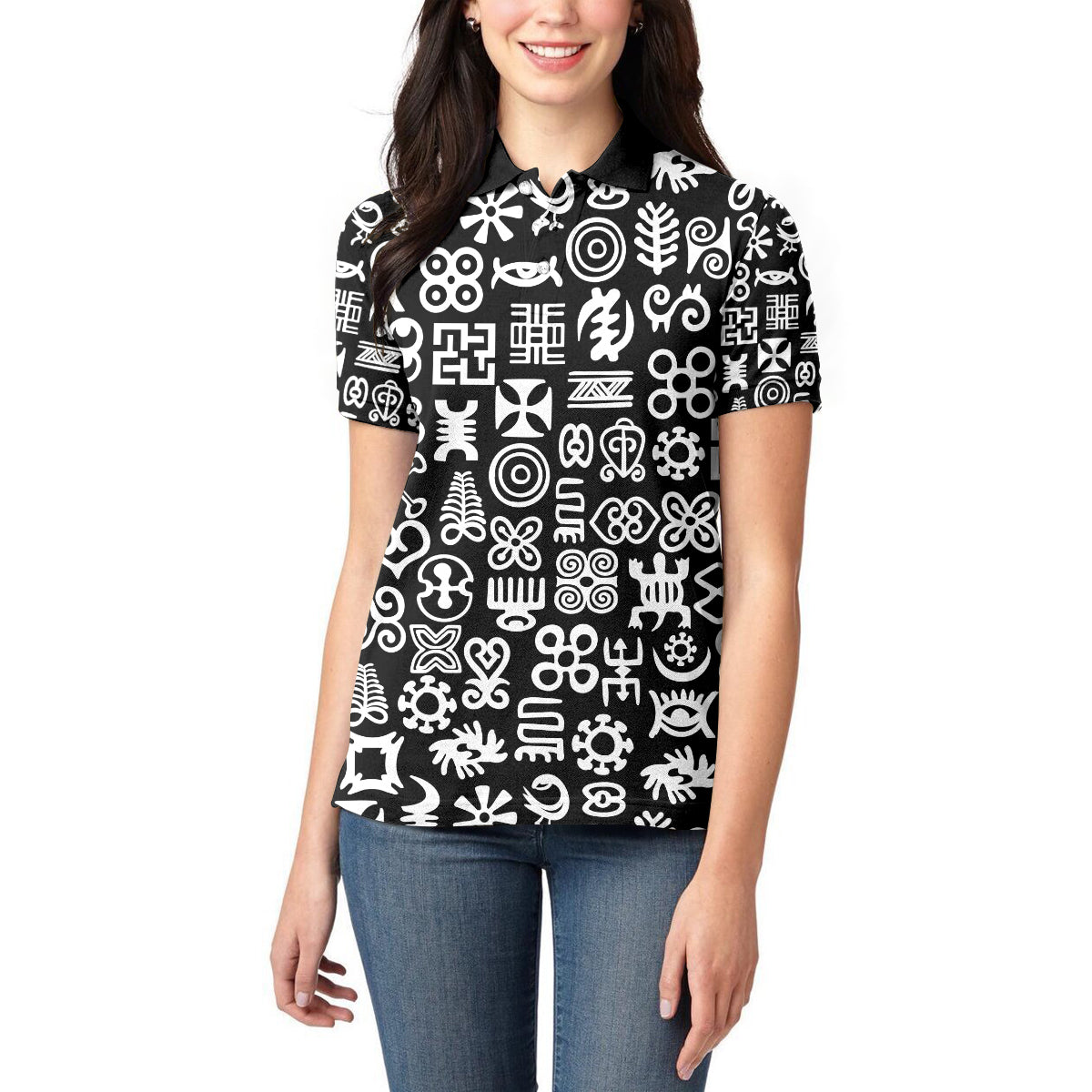 Mix Adinkra Women Polo Shirt Black Pattern - Wonder Print Shop