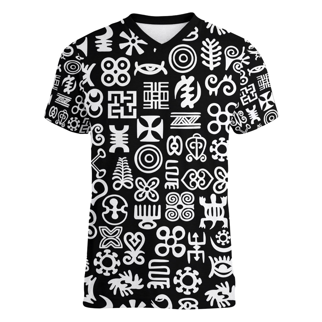 Mix Adinkra Women V Neck T Shirt Black Pattern - Wonder Print Shop