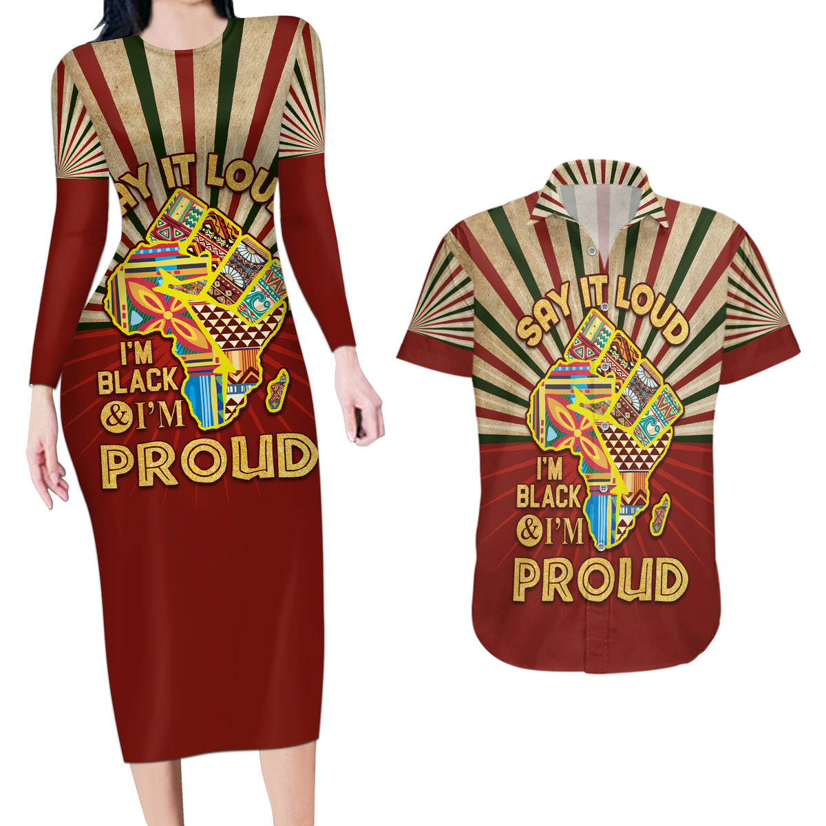 I'm Black and I'm Proud African Couples Matching Long Sleeve Bodycon Dress and Hawaiian Shirt Hand Up Africa Map Art - Wonder Print Shop