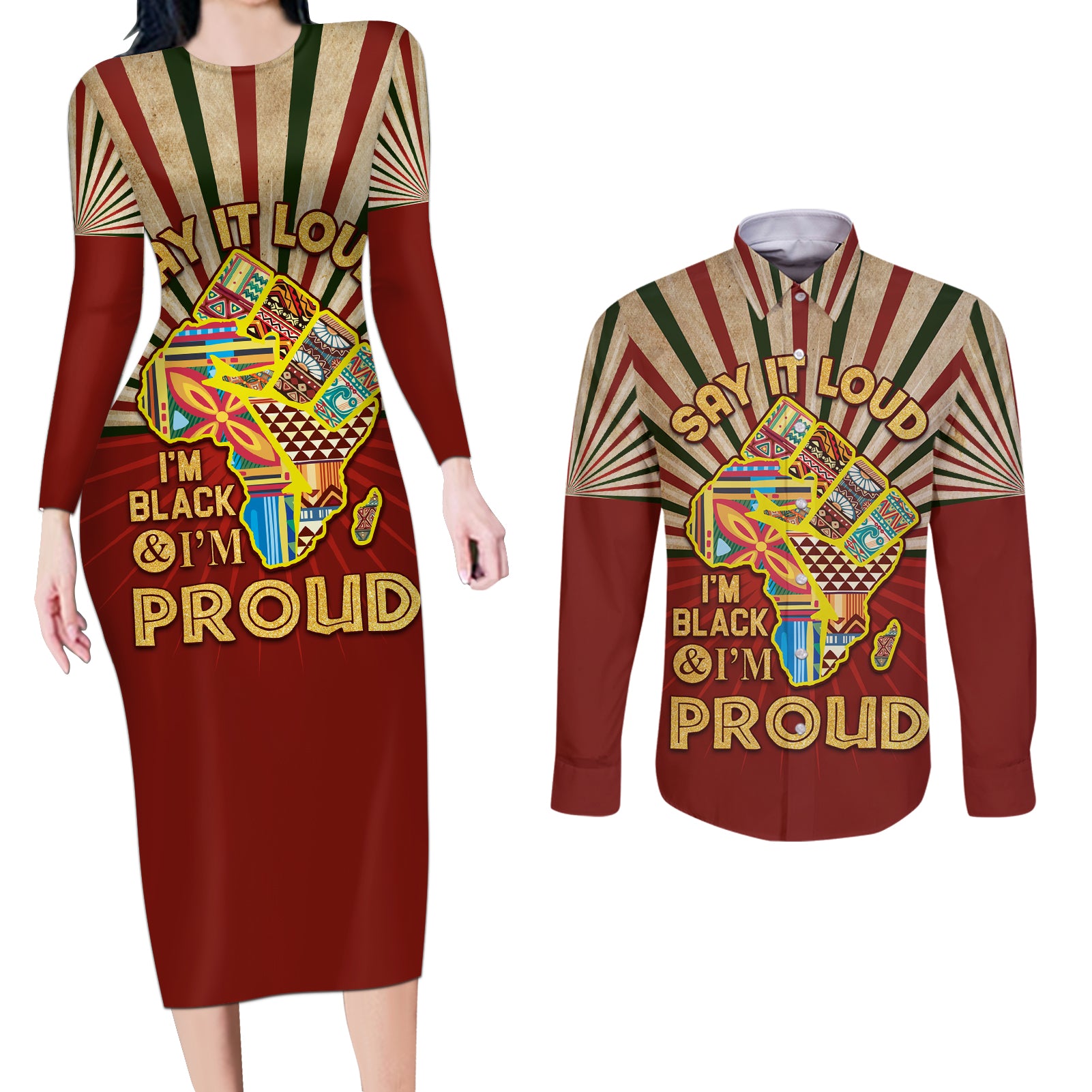 I'm Black and I'm Proud African Couples Matching Long Sleeve Bodycon Dress and Long Sleeve Button Shirt Hand Up Africa Map Art - Wonder Print Shop