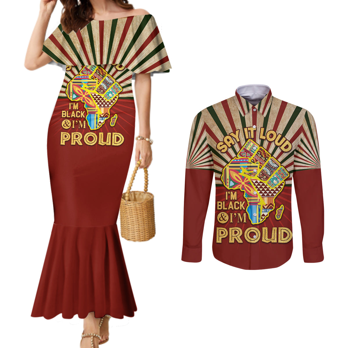 I'm Black and I'm Proud African Couples Matching Mermaid Dress and Long Sleeve Button Shirt Hand Up Africa Map Art