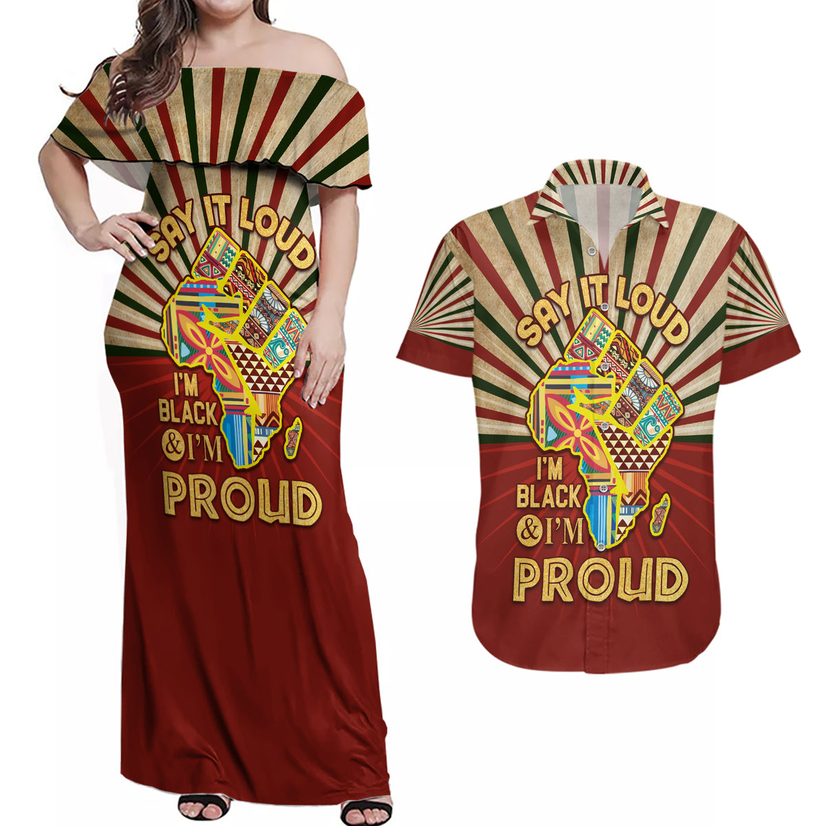 I'm Black and I'm Proud African Couples Matching Off Shoulder Maxi Dress and Hawaiian Shirt Hand Up Africa Map Art - Wonder Print Shop