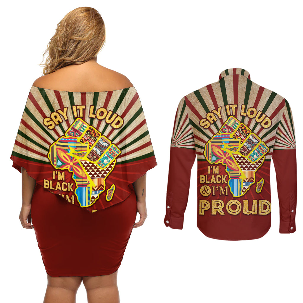 I'm Black and I'm Proud African Couples Matching Off Shoulder Short Dress and Long Sleeve Button Shirt Hand Up Africa Map Art - Wonder Print Shop