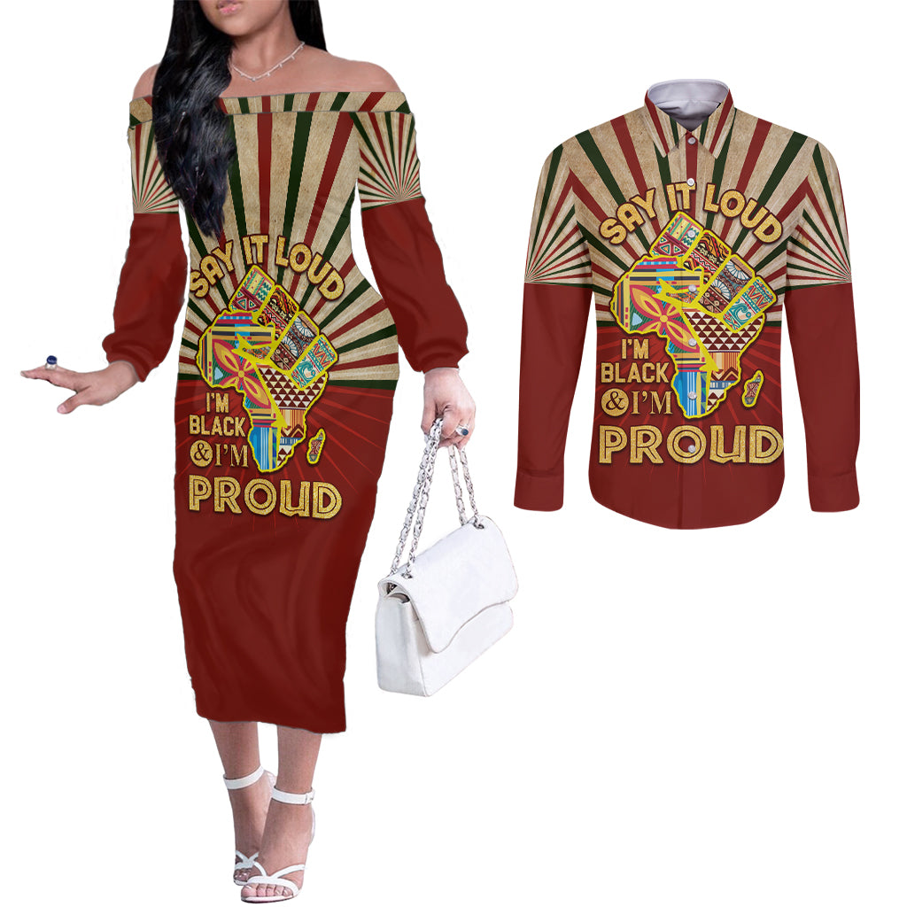 I'm Black and I'm Proud African Couples Matching Off The Shoulder Long Sleeve Dress and Long Sleeve Button Shirt Hand Up Africa Map Art