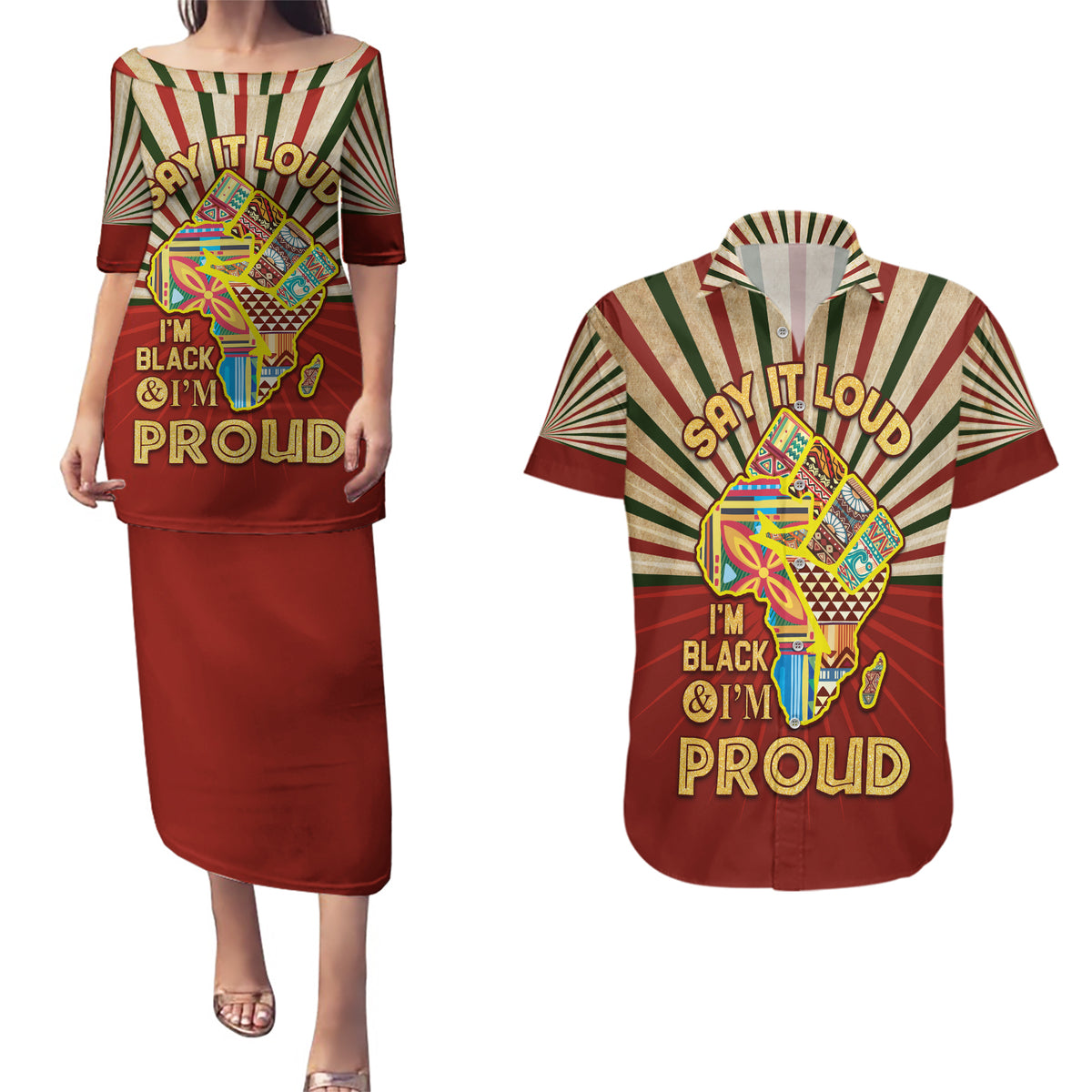 I'm Black and I'm Proud African Couples Matching Puletasi and Hawaiian Shirt Hand Up Africa Map Art - Wonder Print Shop