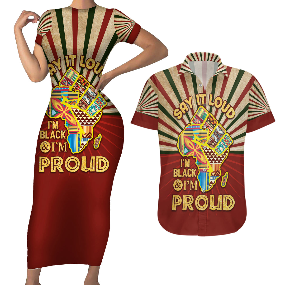 I'm Black and I'm Proud African Couples Matching Short Sleeve Bodycon Dress and Hawaiian Shirt Hand Up Africa Map Art - Wonder Print Shop