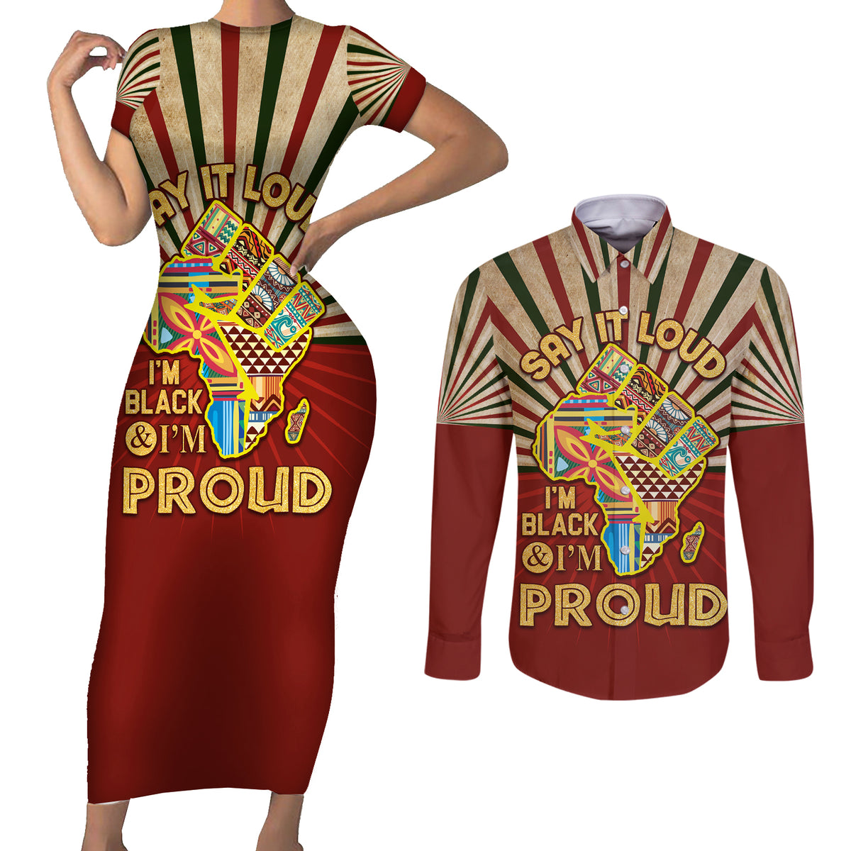 I'm Black and I'm Proud African Couples Matching Short Sleeve Bodycon Dress and Long Sleeve Button Shirt Hand Up Africa Map Art - Wonder Print Shop