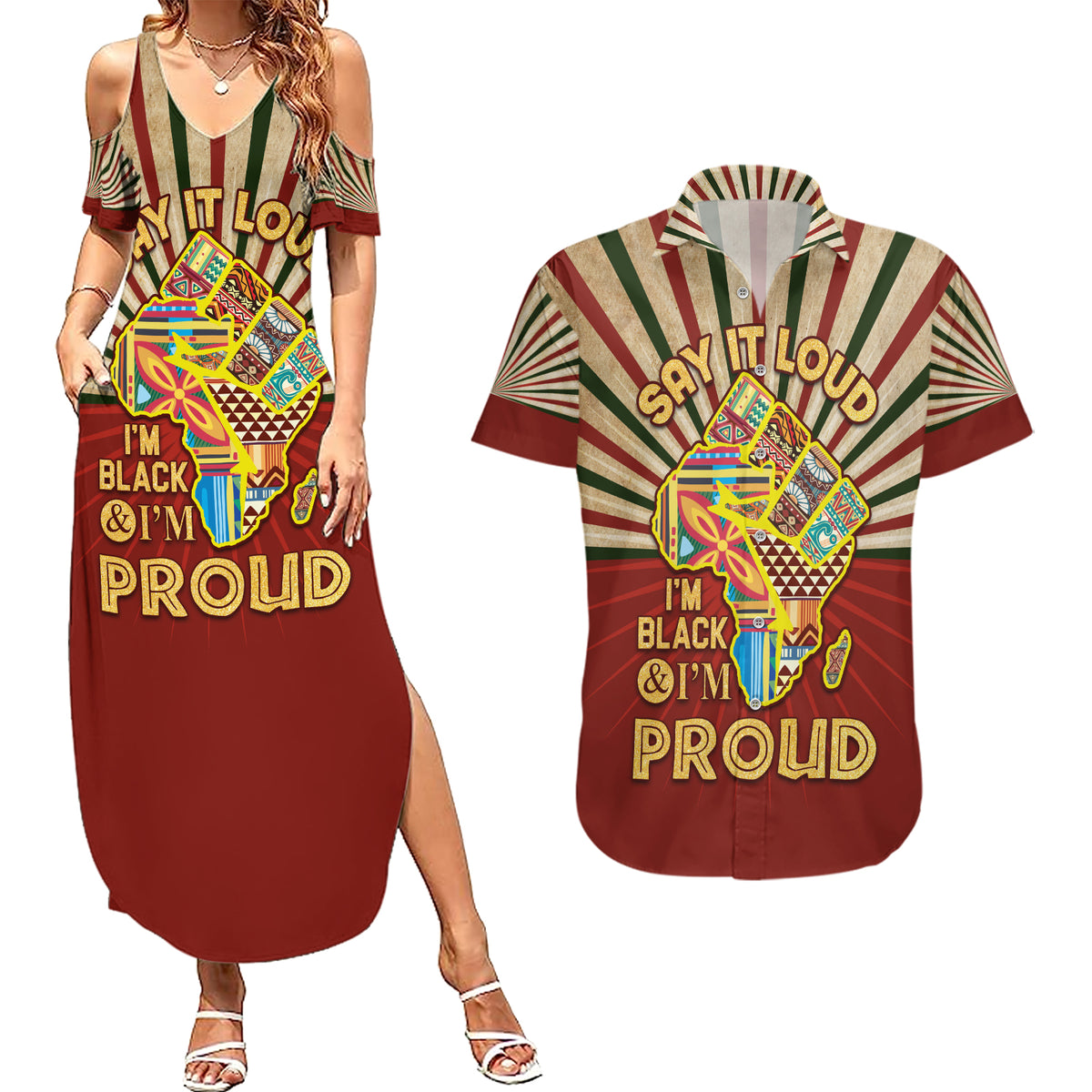 I'm Black and I'm Proud African Couples Matching Summer Maxi Dress and Hawaiian Shirt Hand Up Africa Map Art - Wonder Print Shop