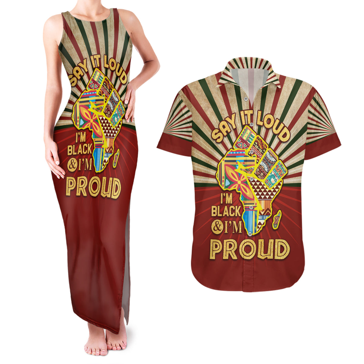 I'm Black and I'm Proud African Couples Matching Tank Maxi Dress and Hawaiian Shirt Hand Up Africa Map Art - Wonder Print Shop