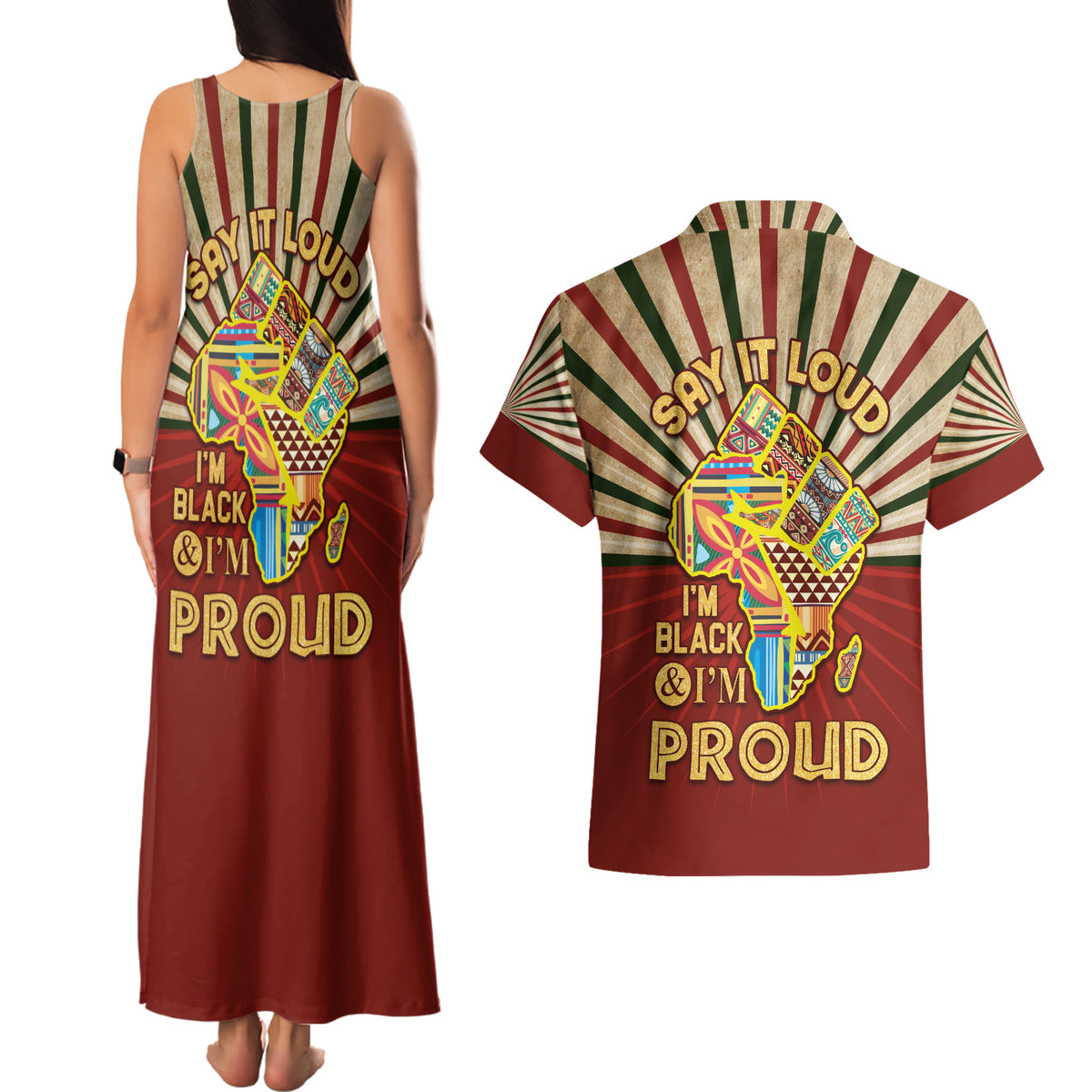 I'm Black and I'm Proud African Couples Matching Tank Maxi Dress and Hawaiian Shirt Hand Up Africa Map Art - Wonder Print Shop