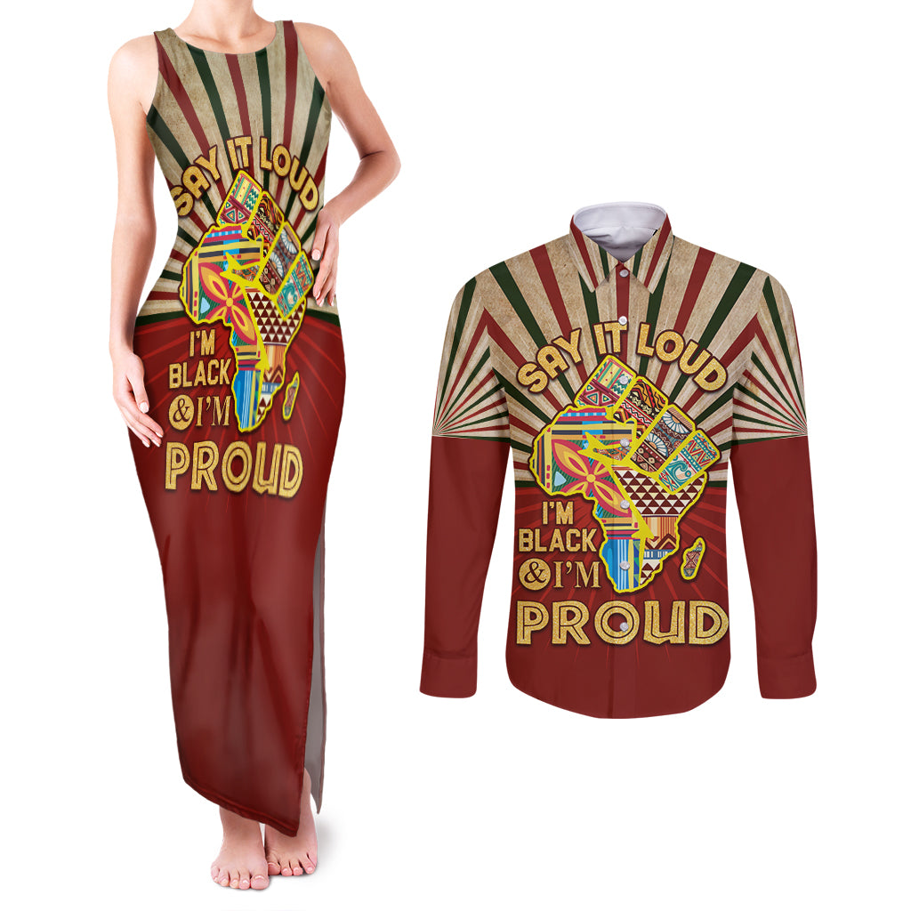 I'm Black and I'm Proud African Couples Matching Tank Maxi Dress and Long Sleeve Button Shirt Hand Up Africa Map Art - Wonder Print Shop