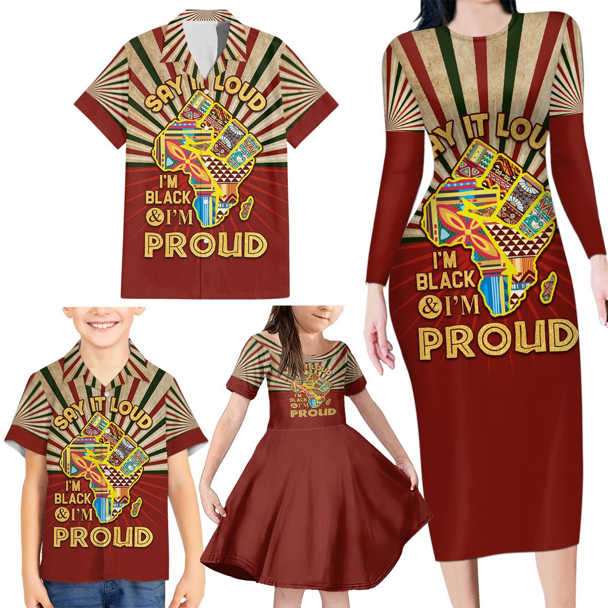 I'm Black and I'm Proud African Family Matching Long Sleeve Bodycon Dress and Hawaiian Shirt Hand Up Africa Map Art - Wonder Print Shop