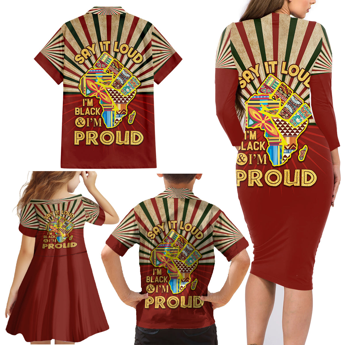 I'm Black and I'm Proud African Family Matching Long Sleeve Bodycon Dress and Hawaiian Shirt Hand Up Africa Map Art - Wonder Print Shop