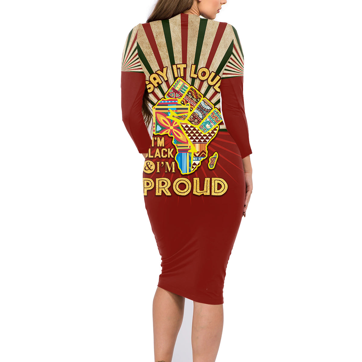 I'm Black and I'm Proud African Family Matching Long Sleeve Bodycon Dress and Hawaiian Shirt Hand Up Africa Map Art - Wonder Print Shop